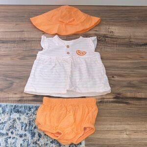 Tahari Baby - White & Orange Striped Top with Orange Eyelet Bloomers and Sun Hat